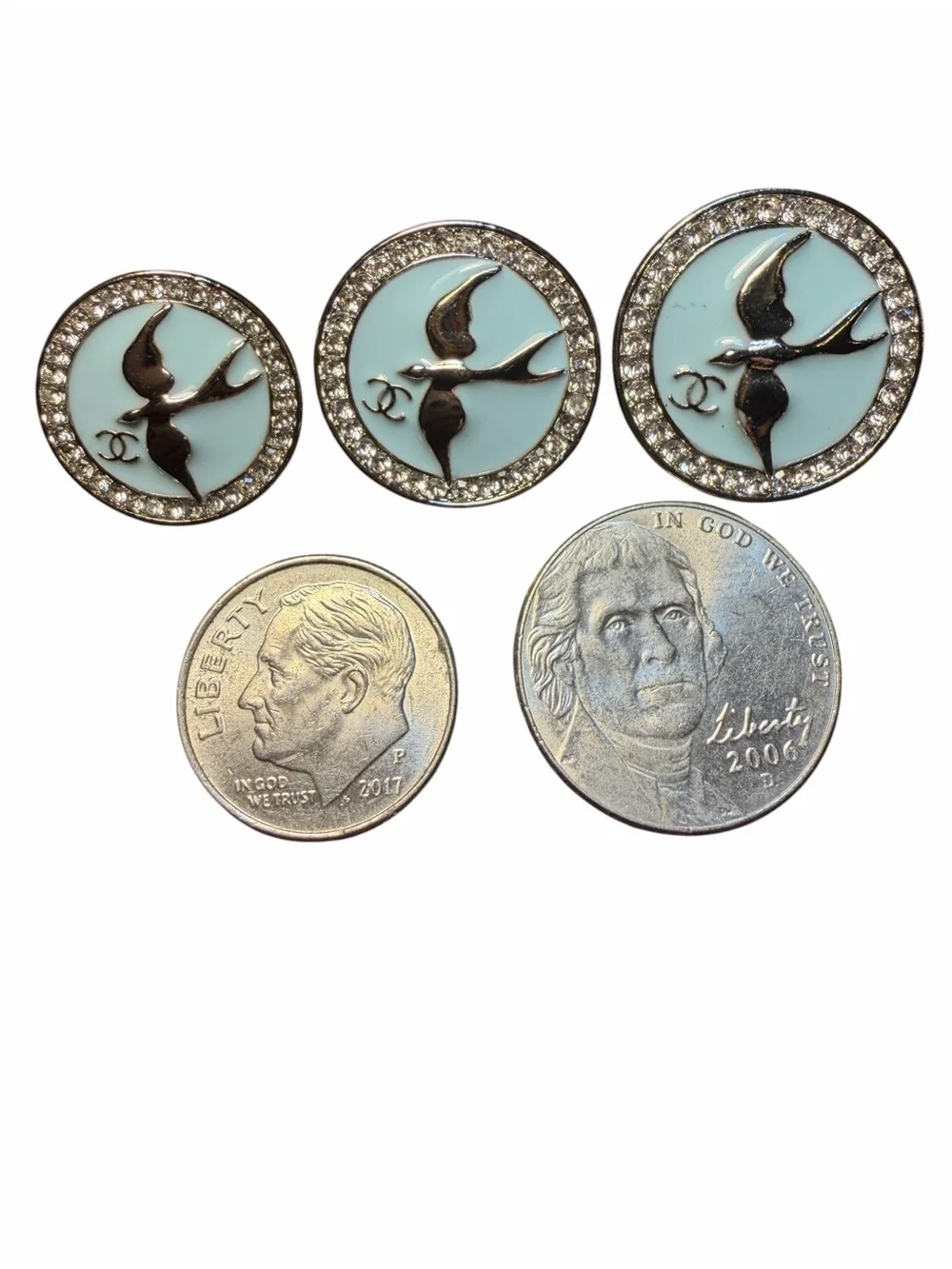 CHANEL Light Blue Enamel Bird CC Crystal-Trim Button Set